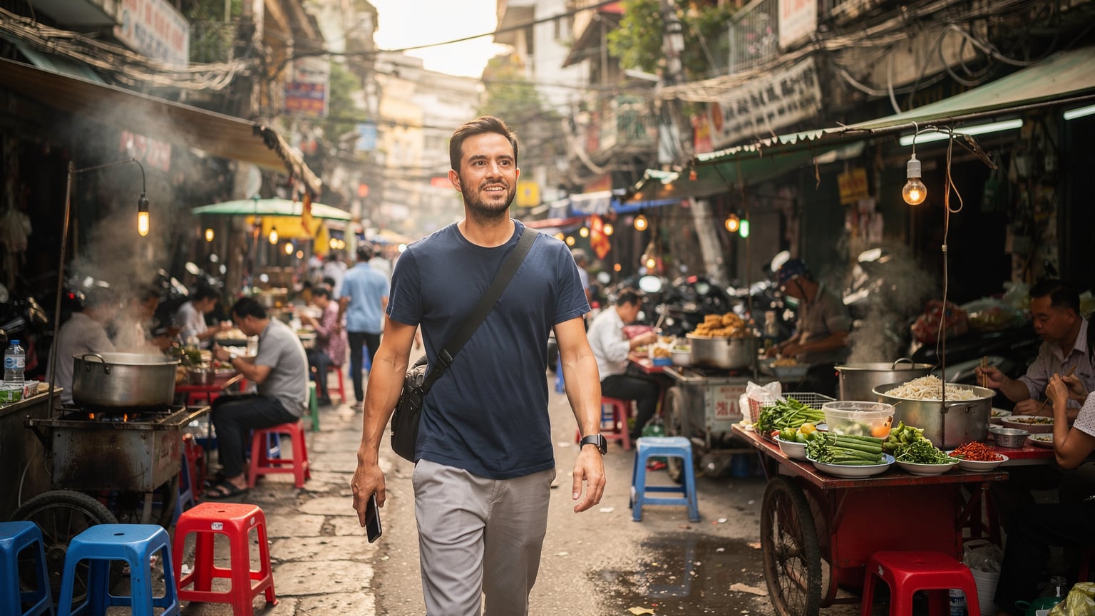 Un viajero español en un animado mercado de comida callejera en Hanoi, Vietnam, con un smartphone en la mano, observando los puestos de Pho y Nem Ran.