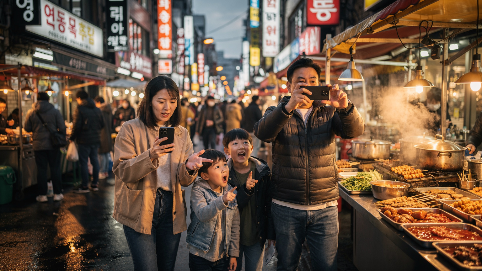 ソウルの活気ある明洞の屋台街で、家族がスマートフォンで食事の情報を検索し、他の屋台料理を楽しみながら写真を撮っている。