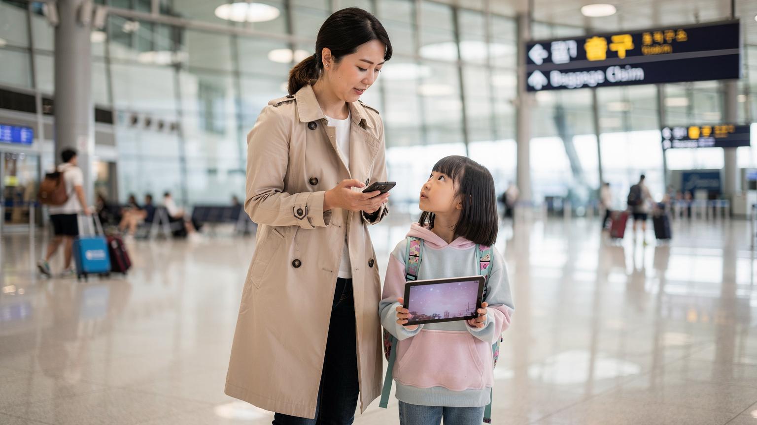仁川国際空港の到着ロビーで、母親と娘がスマートフォンとタブレットを使って次の移動手段を調べている。