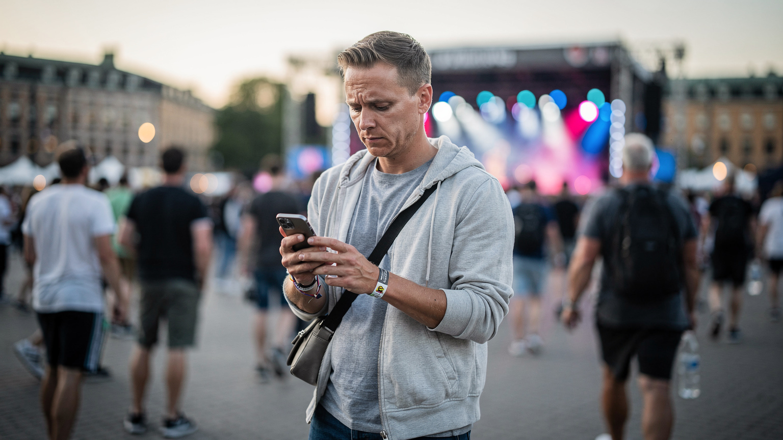 En person med en smartphone i handen, tittar på skärmen med en bekymrad min, omgiven av en folksamling vid en scen under en festival i Stockholm.