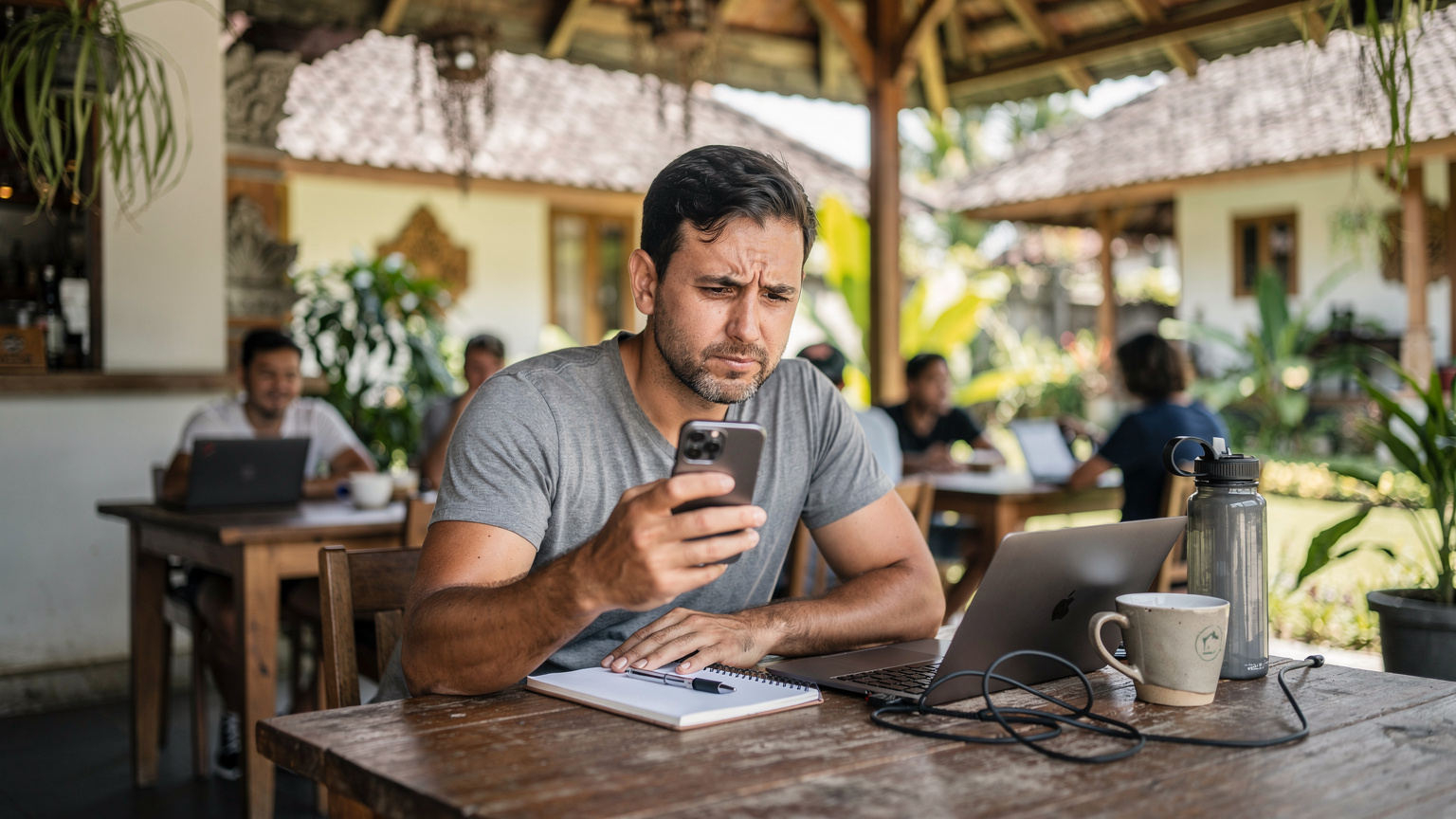 A digital nomad looks with concern at their smartphone screen while sitting at a wooden table in a busy co-working space in Bali, Indonesia.