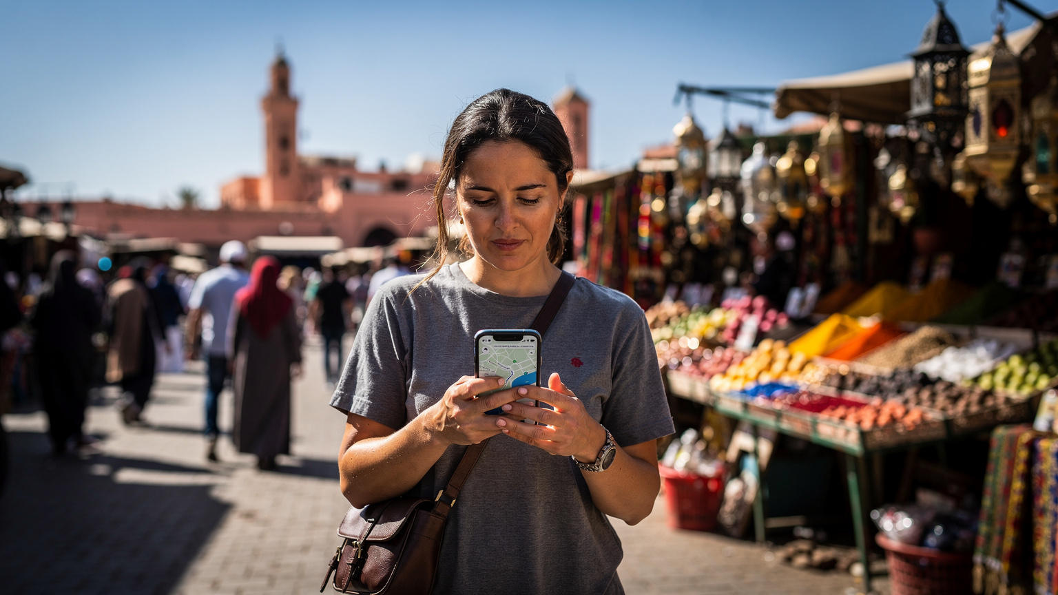 A woman uses her smartphone to navigate a map app while walking through a busy street market in Marrakech, Morocco.
