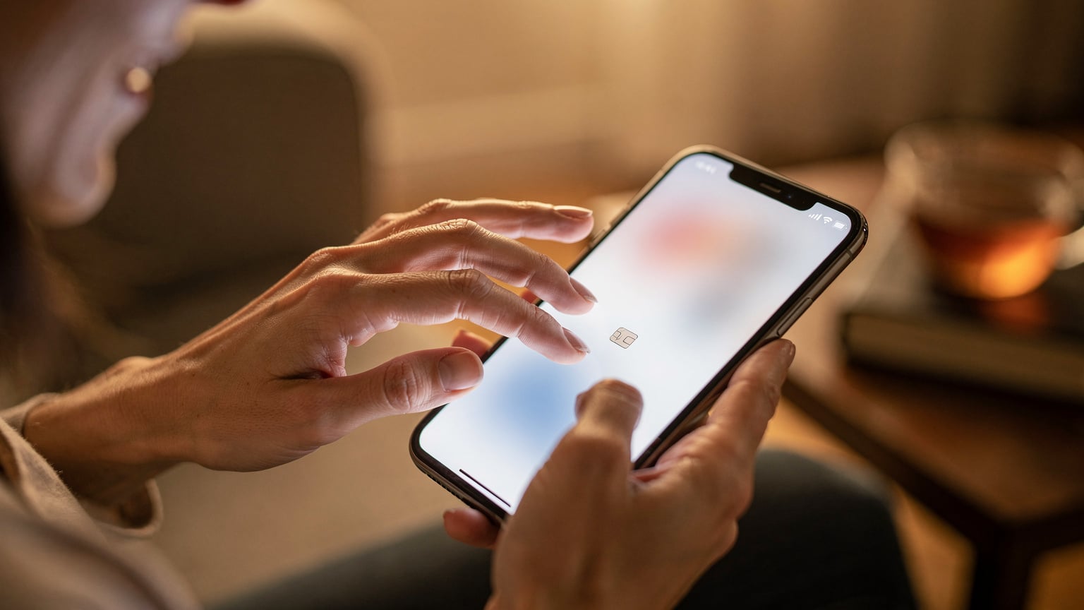 Крупный план рук, настраивающих параметры eSIM на смартфоне, с расфокусированным фоном, показывающим уютную домашнюю обстановку.