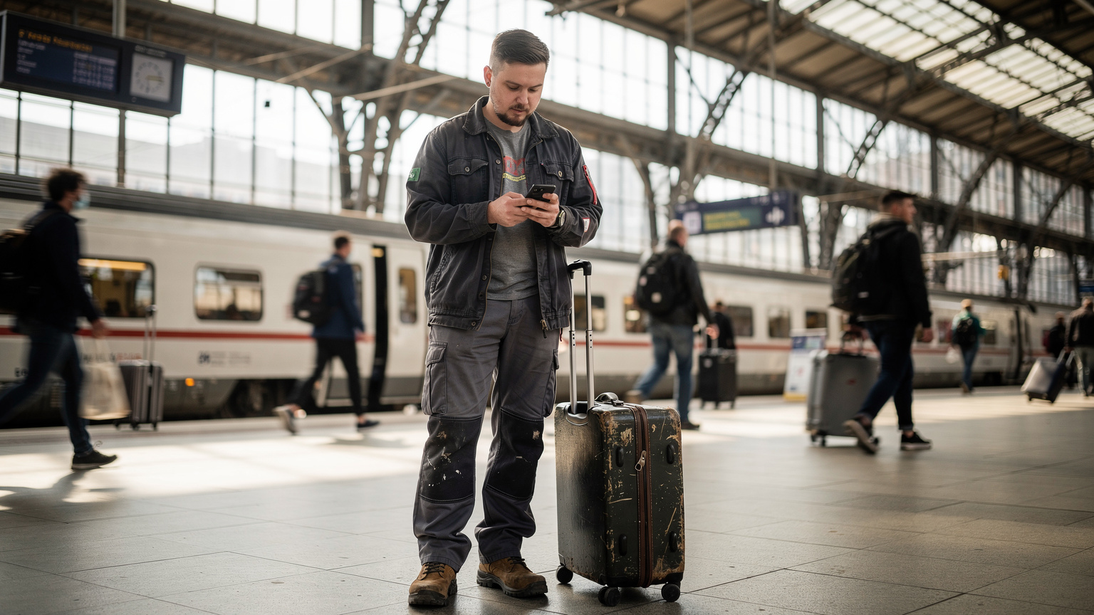 Polski pracownik sezonowy sprawdza mapę na telefonie, stojąc na ruchliwym dworcu kolejowym w Niemczech, z walizką obok.