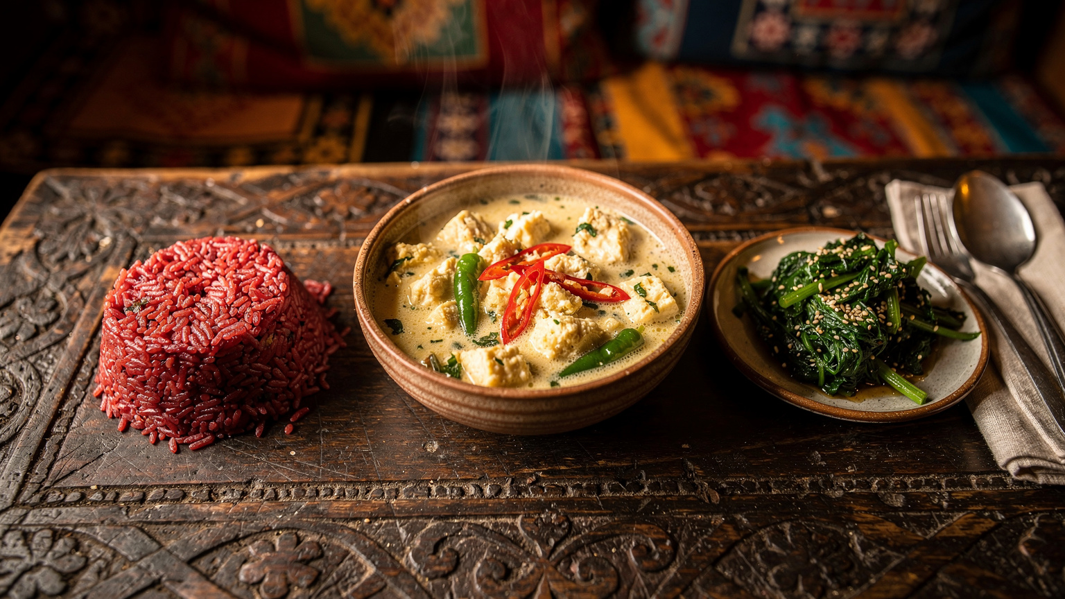 A traveler enjoys a vibrant vegetarian Bhutanese meal, featuring chili and cheese (Ema Datshi) alongside red rice, in a cozy, traditionally decorated dining room.