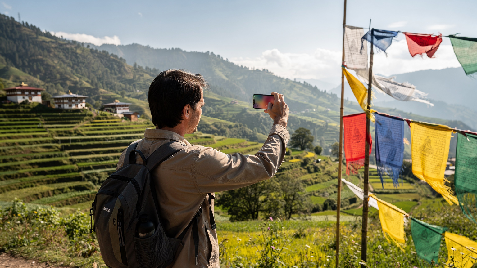 A traveler checks their phone for signal strength in a rural Bhutanese valley, with traditional prayer flags fluttering in the background, highlighting the contrast between ancient traditions and modern technology.