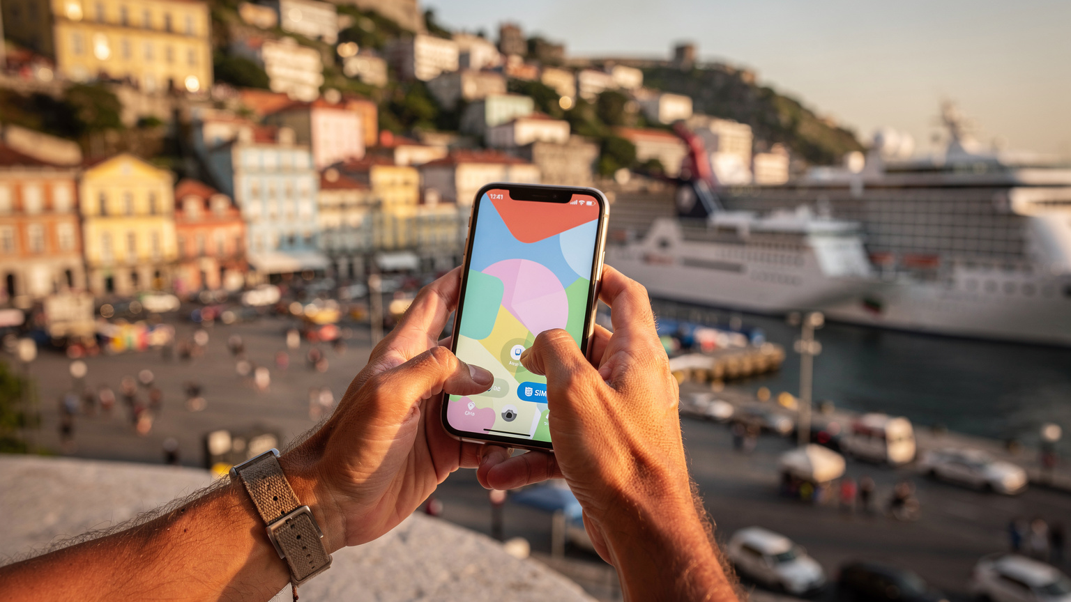 Mãos de viajante segurando um smartphone com o aplicativo Cellesim aberto, pronto para ativar um plano eSIM, enquanto uma cidade portuária vibrante e navios de cruzeiro são vistos ao fundo.