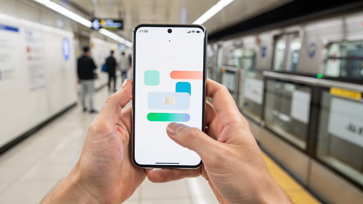 O persoană ține un smartphone în mână, verificând detaliile unui eSIM pe ecran, în timp ce se află într-o stație de metrou modernă și luminoasă din Seul.
