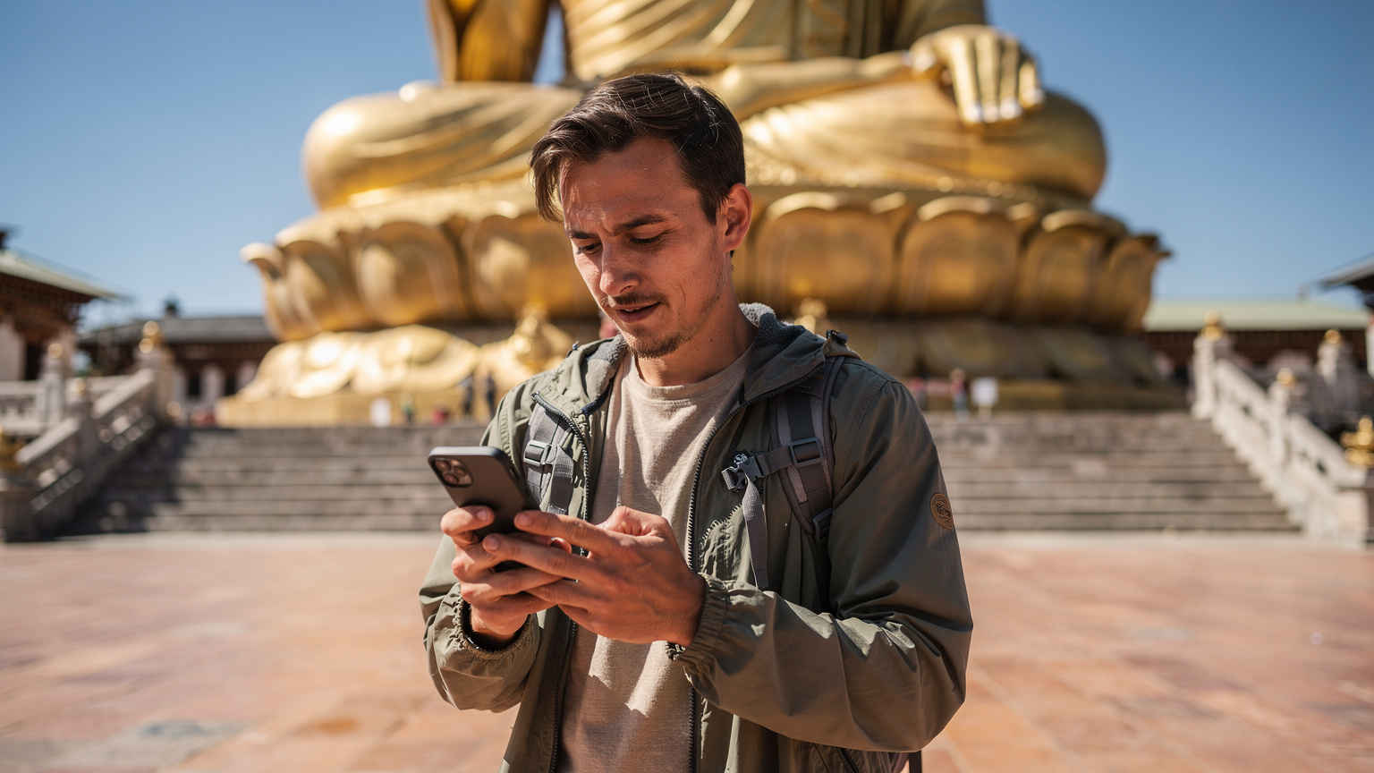 A traveler consulting their smartphone for directions near the majestic Buddha Dordenma statue in Thimphu, with the vast Himalayan landscape in the background, under clear skies.