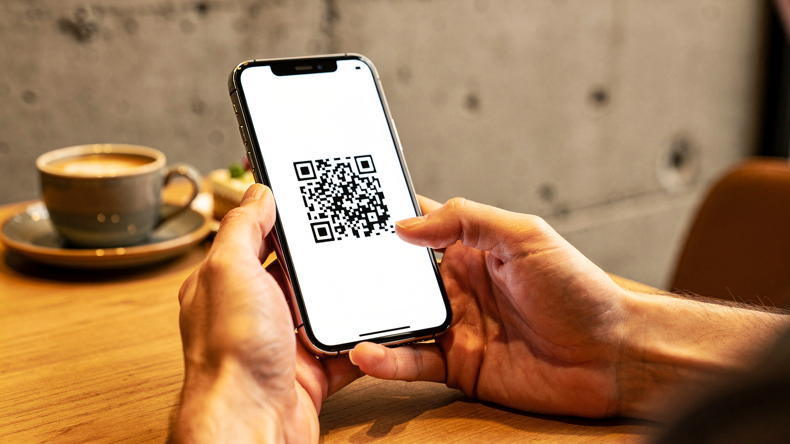 Человек держит смартфон, на экране которого виден QR-код для оплаты, в стильной кофейне Сеула с индустриальным дизайном.