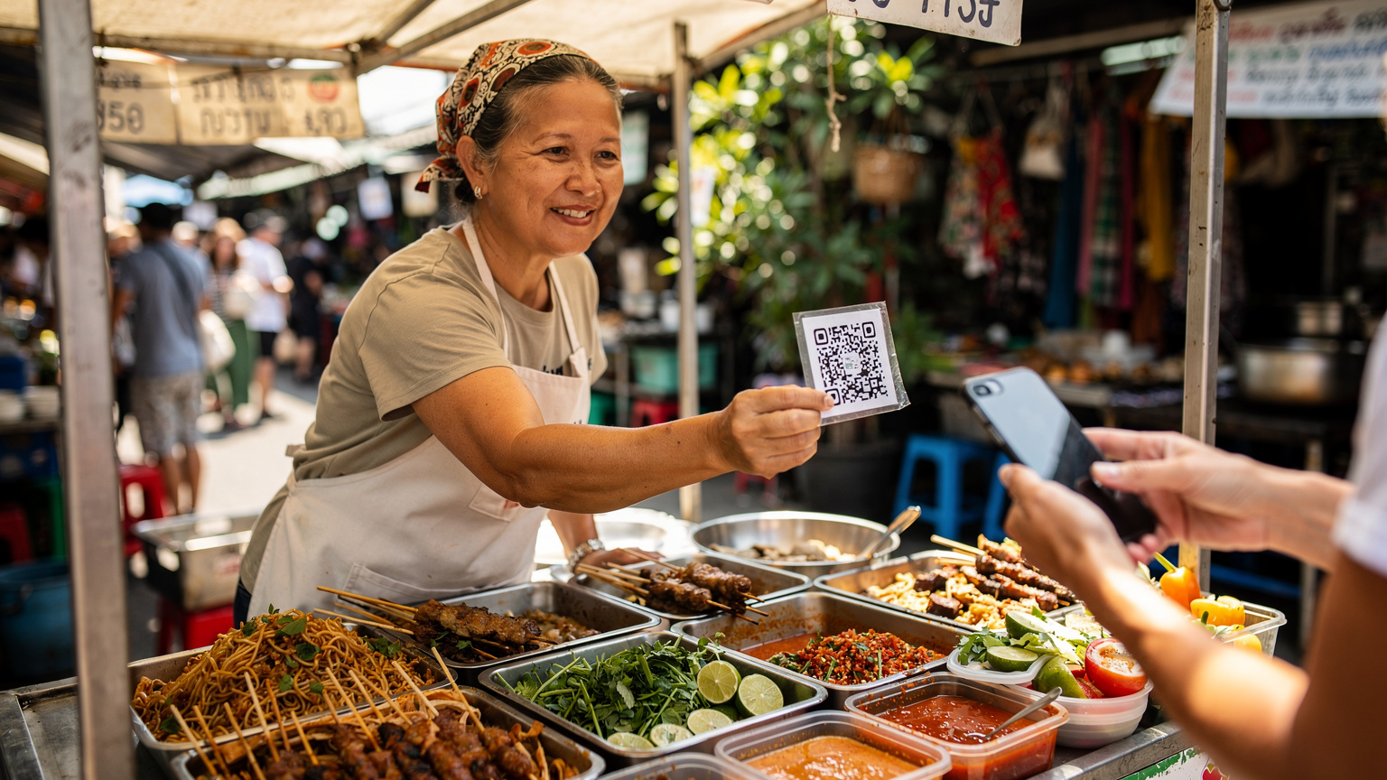 Une vendeuse de street food souriante à Chatuchak Weekend Market, Bangkok, acceptant un paiement par QR code via une application mobile thaïlandaise.