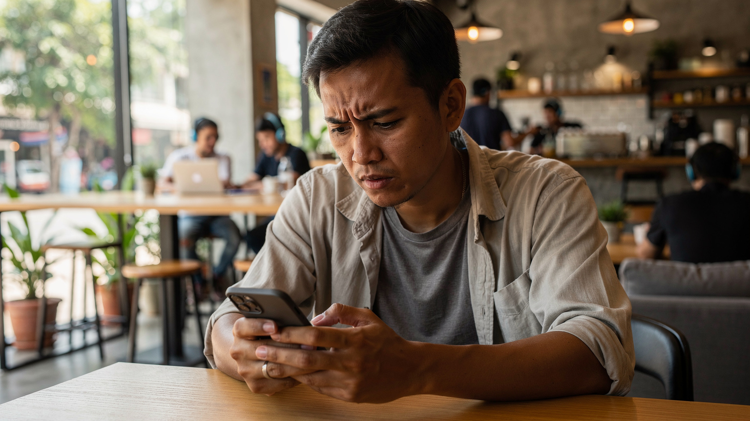 Un voyageur vérifie l'état de son forfait eSIM sur son smartphone dans un café animé du quartier de Nimmanhaemin à Chiang Mai, où le WiFi est souvent saturé.