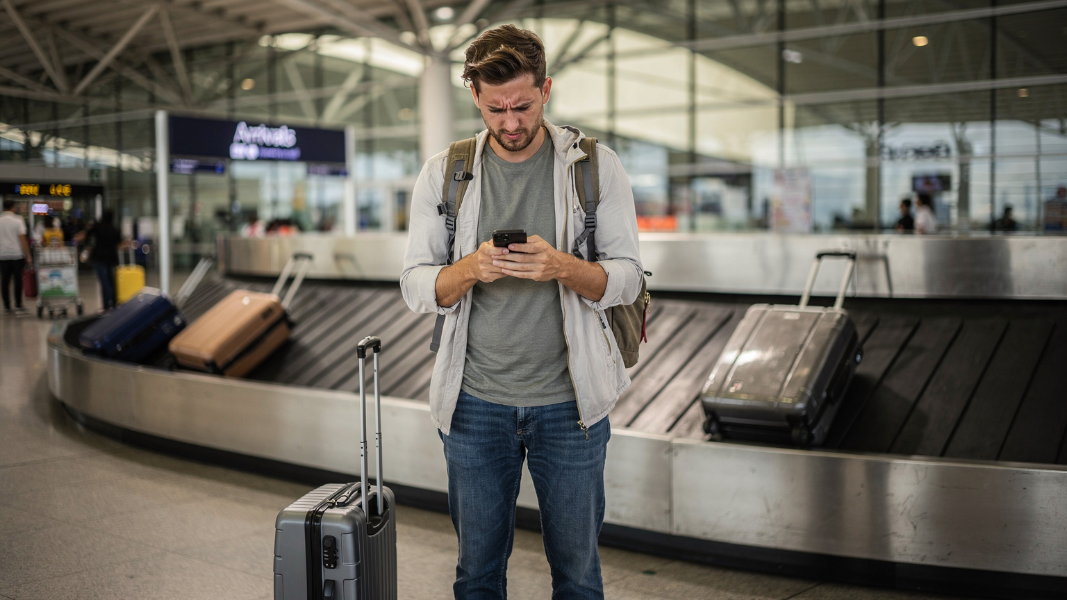 Un voyageur consulte nerveusement l'écran de son téléphone, indiquant "Pas de service" après l'atterrissage à l'aéroport de Suvarnabhumi, Bangkok, illustrant un problème de connectivité.