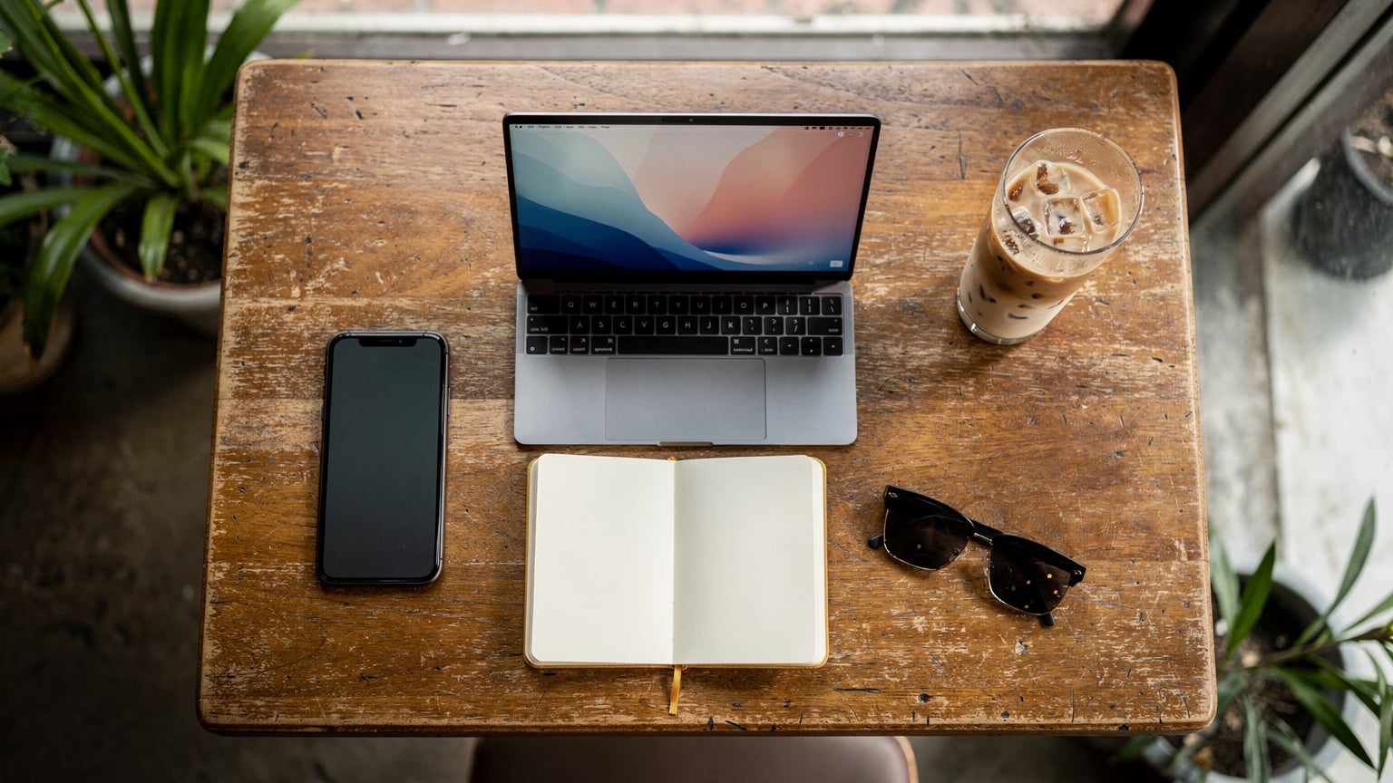 Un café animé à Phuket Old Town, Thaïlande, où les voyageurs se connectent souvent pour travailler ou se détendre avec un smartphone et un ordinateur portable sur une table en bois clair.