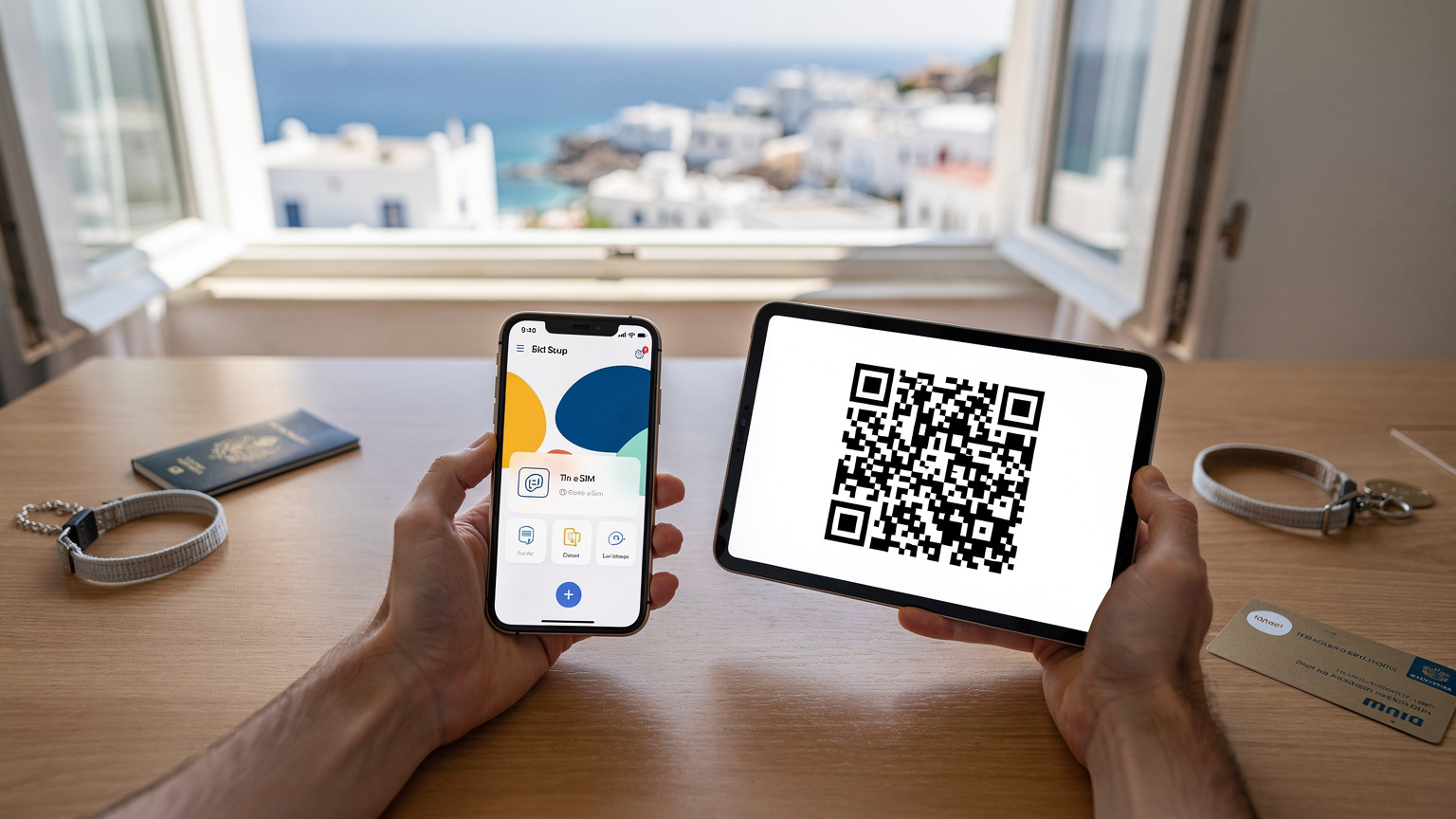 Unas manos sostienen un iPhone con la pantalla de configuración de eSIM, mientras la otra mano sostiene una tablet mostrando el código QR de activación. El escenario es un escritorio de una habitación de hotel sencilla en Mykonos, con la ventana abierta y el Mar Egeo al fondo.