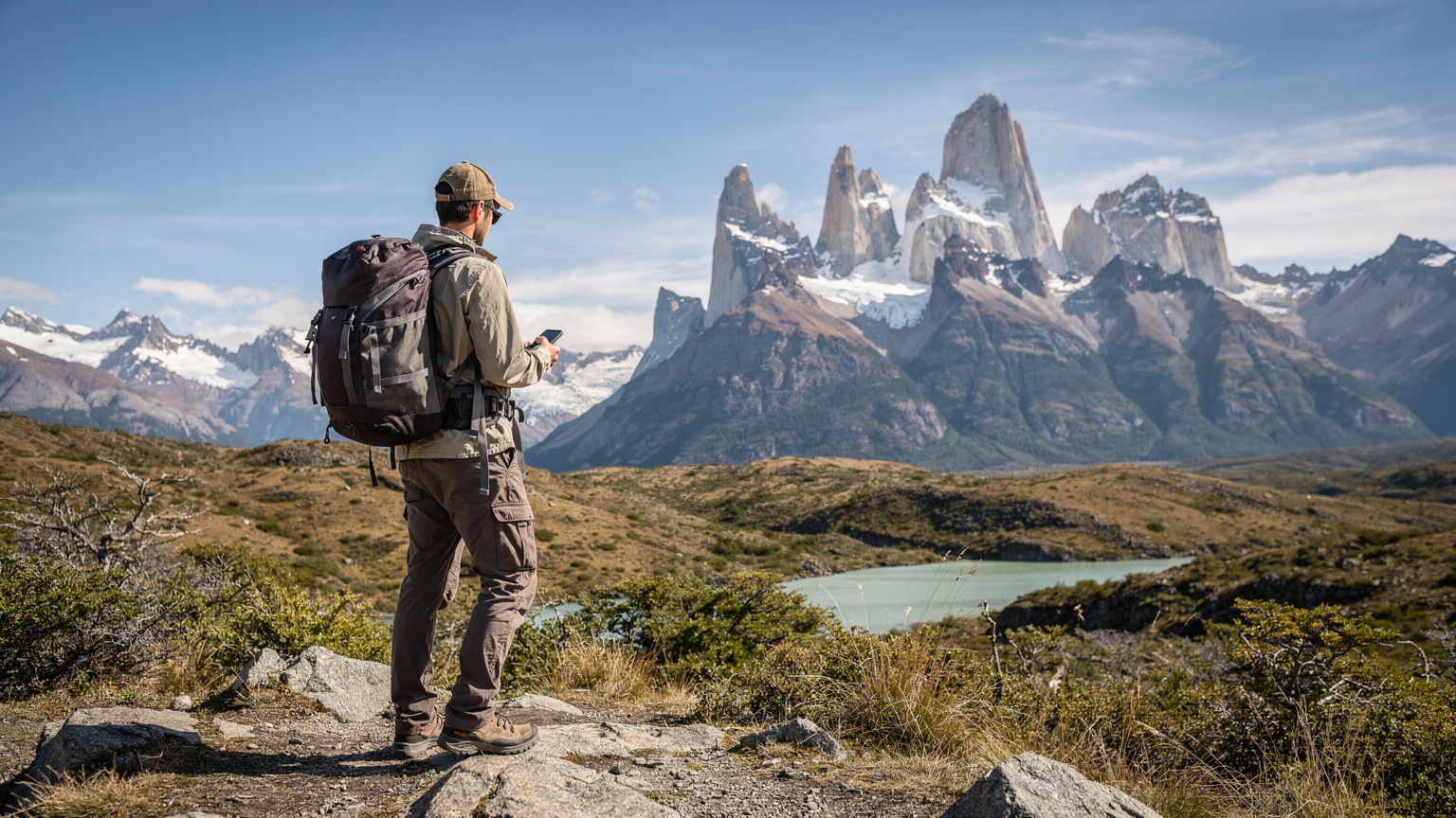 Un viajero con mochila y gorra, de espaldas, observa la majestuosidad de las Torres del Paine en la Patagonia chilena, mientras consulta discretamente su iPhone.