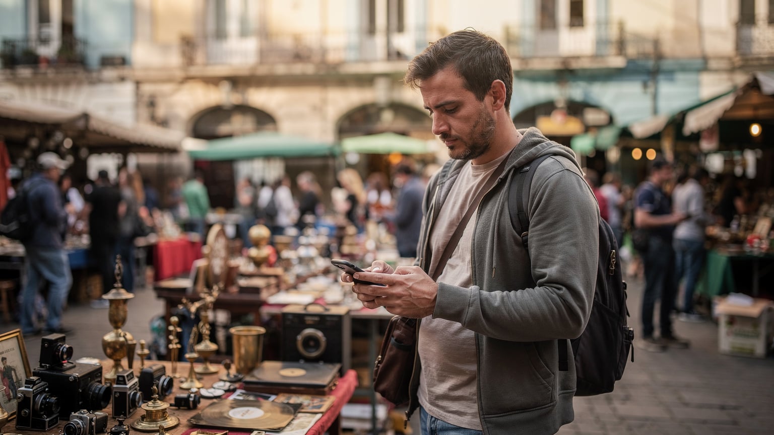 Un viajero consulta su iPhone en el concurrido Mercado de San Telmo en Buenos Aires, con detalles de arquitectura colonial y puestos de antigüedades al fondo.