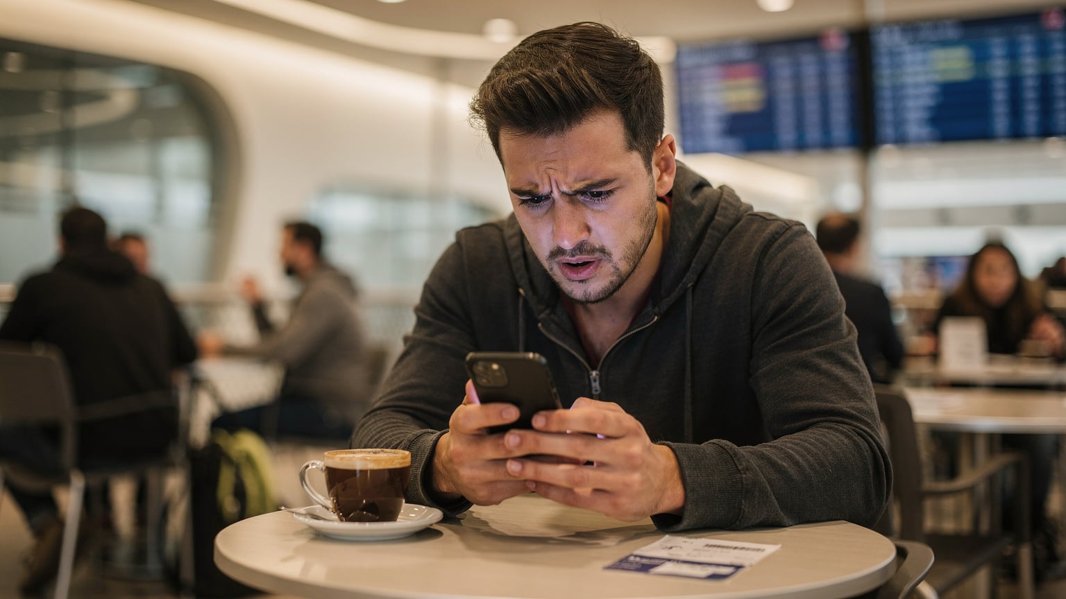Un turista frustrado en un café del aeropuerto de Barajas en Madrid, mirando su iPhone con expresión de preocupación, intentando solucionar un problema de conectividad antes de su vuelo.