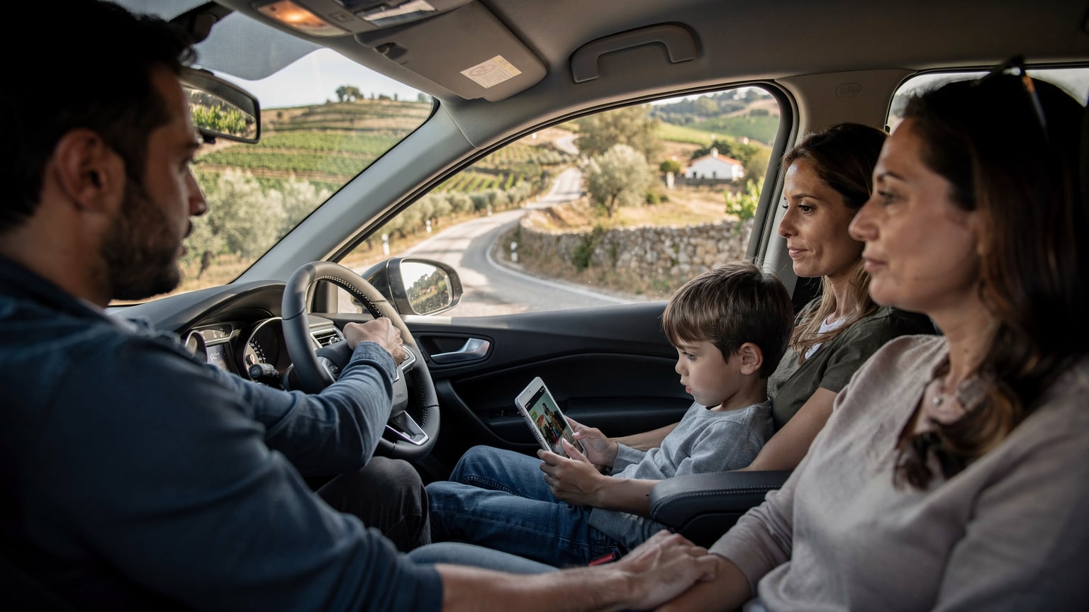 Criança entretida com um tablet no banco de trás de um carro, passando por uma paisagem rural portuguesa.