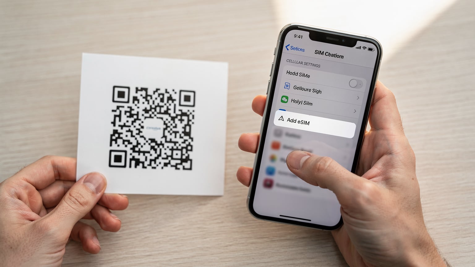 Крупный план рук, держащих смартфон iPhone с открытым меню настроек сотовой связи, на экране которого отображается опция 'Добавить eSIM', а рядом лежит распечатанный лист с QR-кодом для активации.