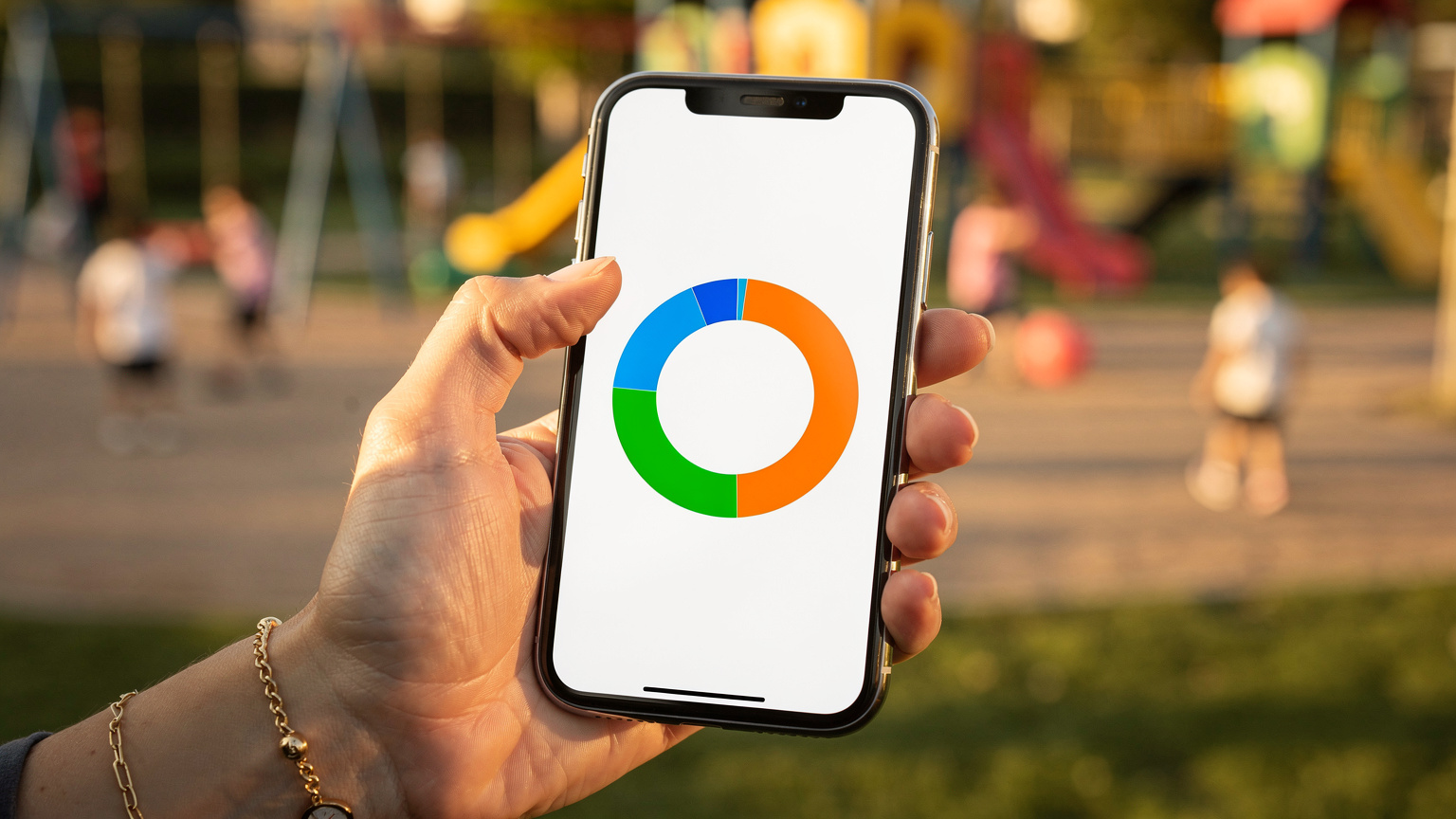 Bir annenin elinde tuttuğu akıllı telefonunda Cellesim uygulamasından kalan veri miktarını kontrol ettiği yakın çekim, arka planda bulanık bir çocuk parkı.