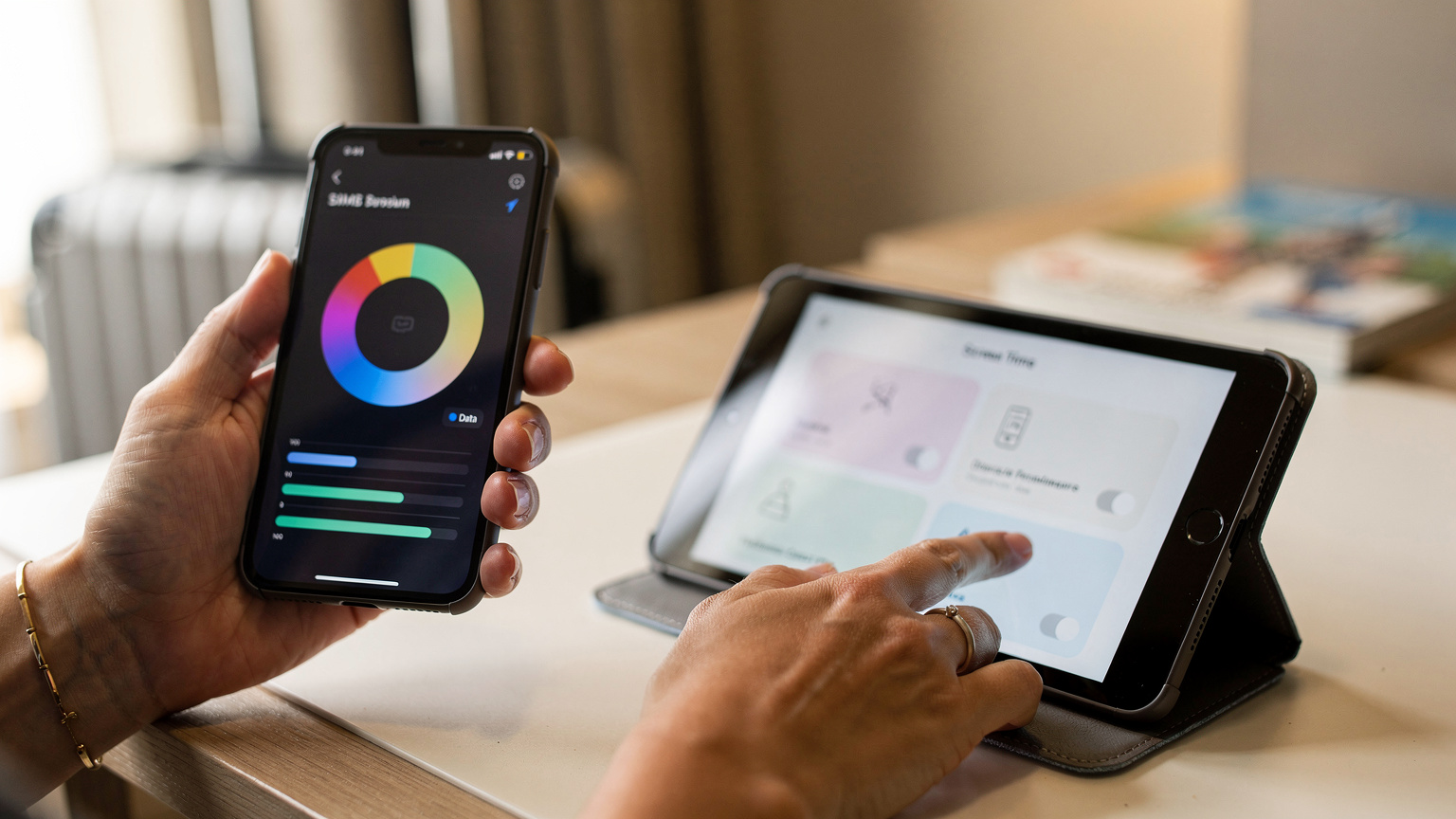 Bir annenin elinde tuttuğu akıllı telefonunda, eSIM uygulamasından veri kullanımını kontrol ederken, diğer elinde tuttuğu çocuk tabletindeki ekran süresi kontrol ayarlarını gösteren yakın çekim.