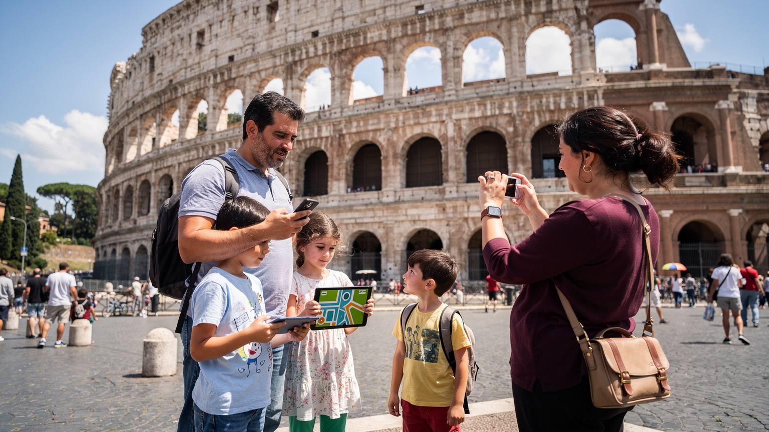 Roma'daki Kolezyum önünde fotoğraf çeken bir Türk aile, babanın telefonundan Cellesim uygulamasıyla rota kontrol ettiği an, çocuğunun tabletinde offline harita açık.