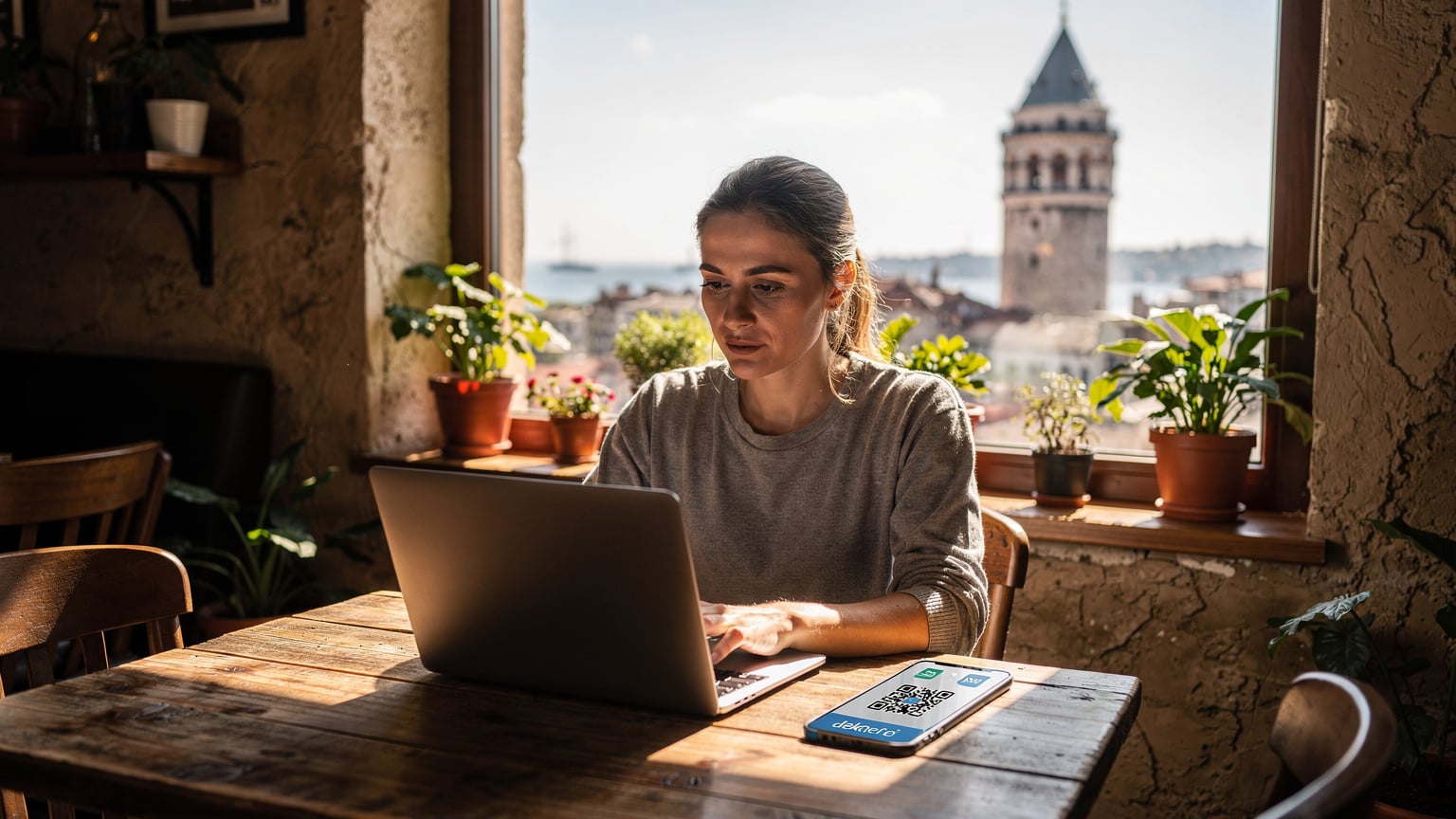 İstanbul Galata Kulesi manzaralı bir kafede dizüstü bilgisayar ve telefonunda eSIM planlarını araştıran bir seyahat blog yazarı.