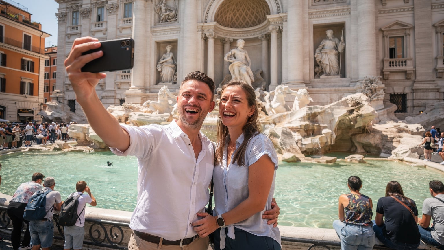 Roma'daki Trevi Çeşmesi önünde bir çift, telefonlarıyla selfie çekerken gülüyor. Arka planda kalabalık turistler ve çeşmenin detayları görülüyor.