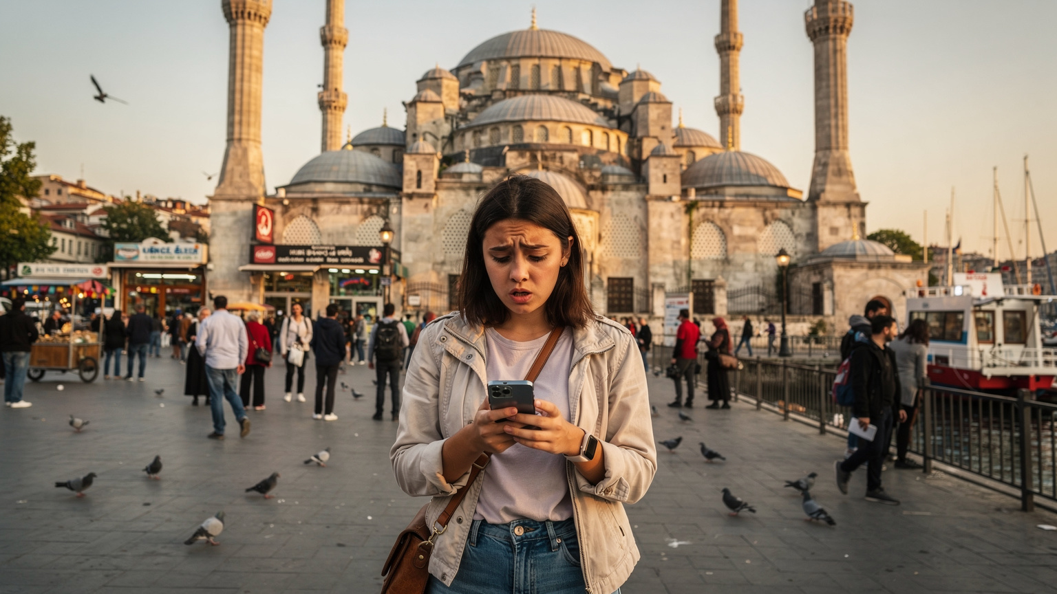 İstanbul'un hareketli Eminönü Meydanı'nda, Yeni Cami'nin önünde durmuş, telefonunu elinde endişeli bir ifadeyle inceleyen genç bir turist.