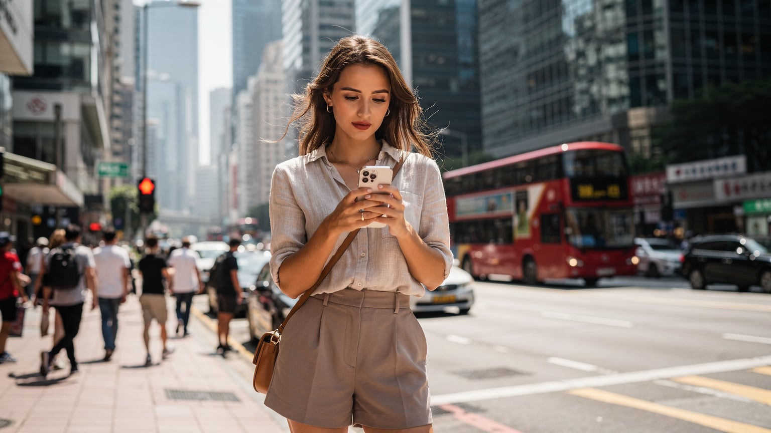 一名女性在香港中环繁忙的街头, 穿着时尚的休闲服, 正在使用iPhone手机查看谷歌地图导航, 背景是香港标志性的高楼大厦和川流不息的人群。