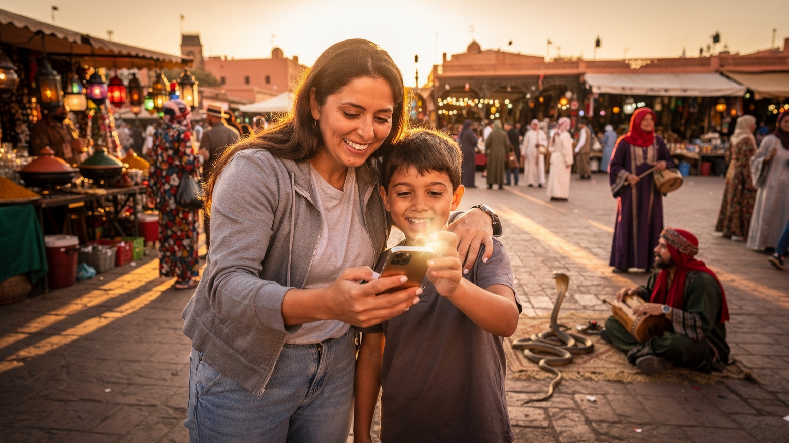 Uśmiechnięta mama pokazuje dziecku coś na ekranie telefonu, prawdopodobnie mapę lub atrakcję, podczas gdy stoją na ruchliwym placu Jemaa el-Fna w Marrakeszu, z tłem tradycyjnych sprzedawców i muzyków.