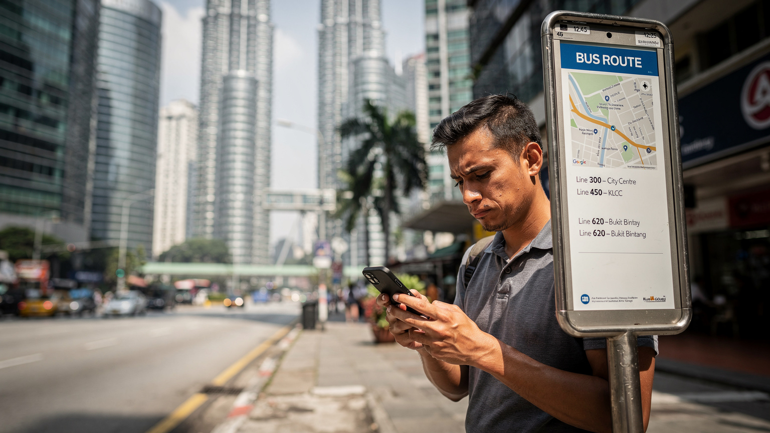 Seorang pelancong yang tampak sedikit stres sedang memegang ponselnya dan melihatnya dengan cermat, berdiri di samping tanda rute bus kota di pusat kota Kuala Lumpur, Malaysia, dengan latar belakang bangunan-bangunan pencakar langit.