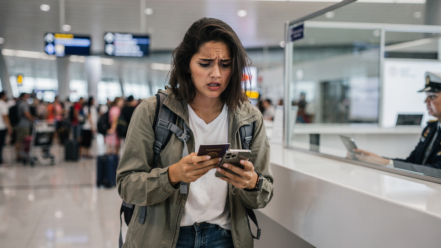 Seorang backpacker muda perempuan dengan tas punggung kecil sedang memegang paspor dan ponselnya, menatap layar dengan ekspresi sedikit khawatir, berdiri di konter imigrasi bandara Changi, Singapura, dengan latar belakang keramaian penumpang.