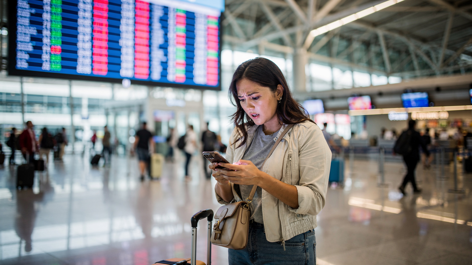 Une voyageuse frustrée, le visage crispé par la déception, compare les tarifs sur son smartphone devant un panneau d'affichage de devises à l'aéroport de Bangkok, la lumière artificielle des néons se reflétant sur l'écran de son téléphone.