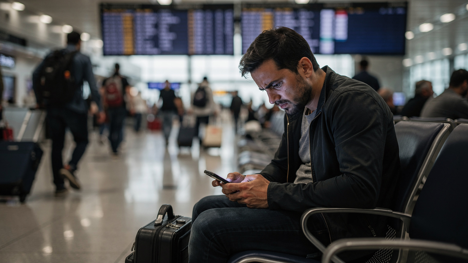 Ein besorgter Reisender sitzt in einem überfüllten Flughafen-Terminal in der Türkei und blickt mit einem fragenden Ausdruck auf sein Smartphone, das eine Fehlermeldung anzeigt. Im Hintergrund eilen andere Passagiere vorbei.