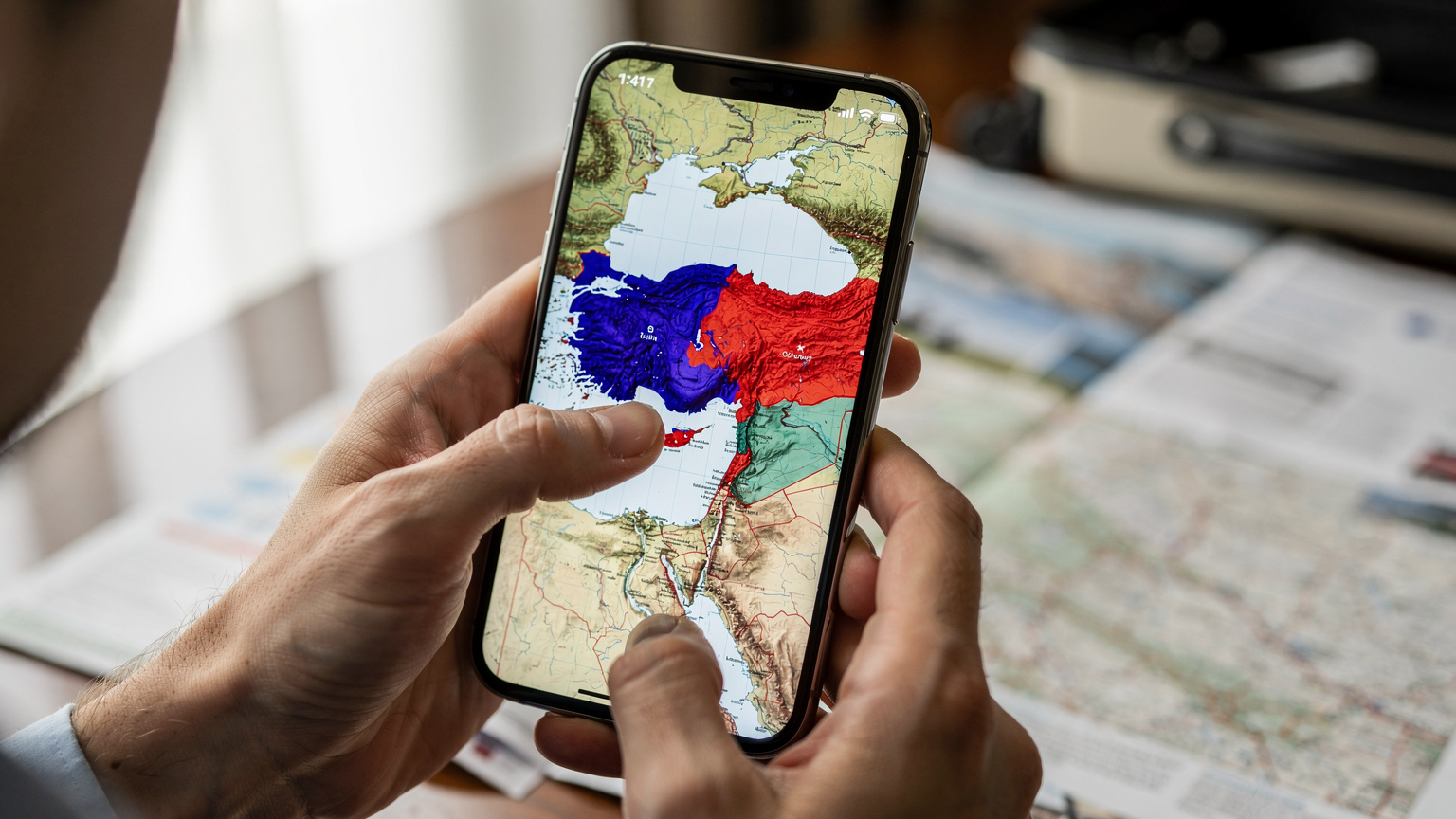 Eine Person wischt mit dem Finger über einen Smartphone-Bildschirm, der eine digitale Karte der Türkei anzeigt, auf der farbige Bereiche die Netzabdeckung der großen Mobilfunkanbieter Turkcell, Vodafone Turkey und Türk Telekom symbolisieren.