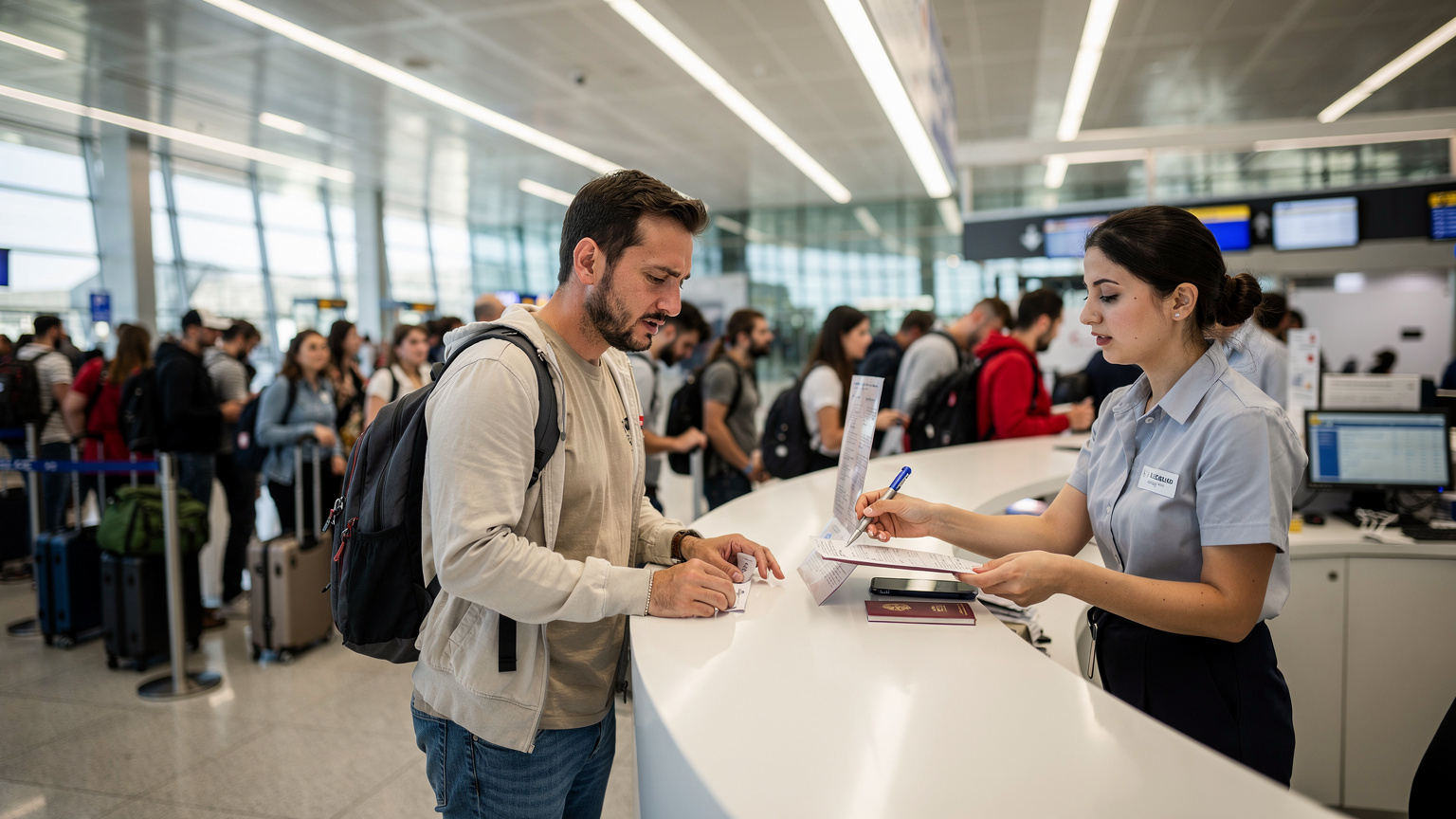 Ein Tourist steht mit einem fragenden Blick vor einem Schalter für SIM-Karten am Flughafen Istanbul, während ein Mitarbeiter ihm mehrere Formulare zur Registrierung entgegenhält.