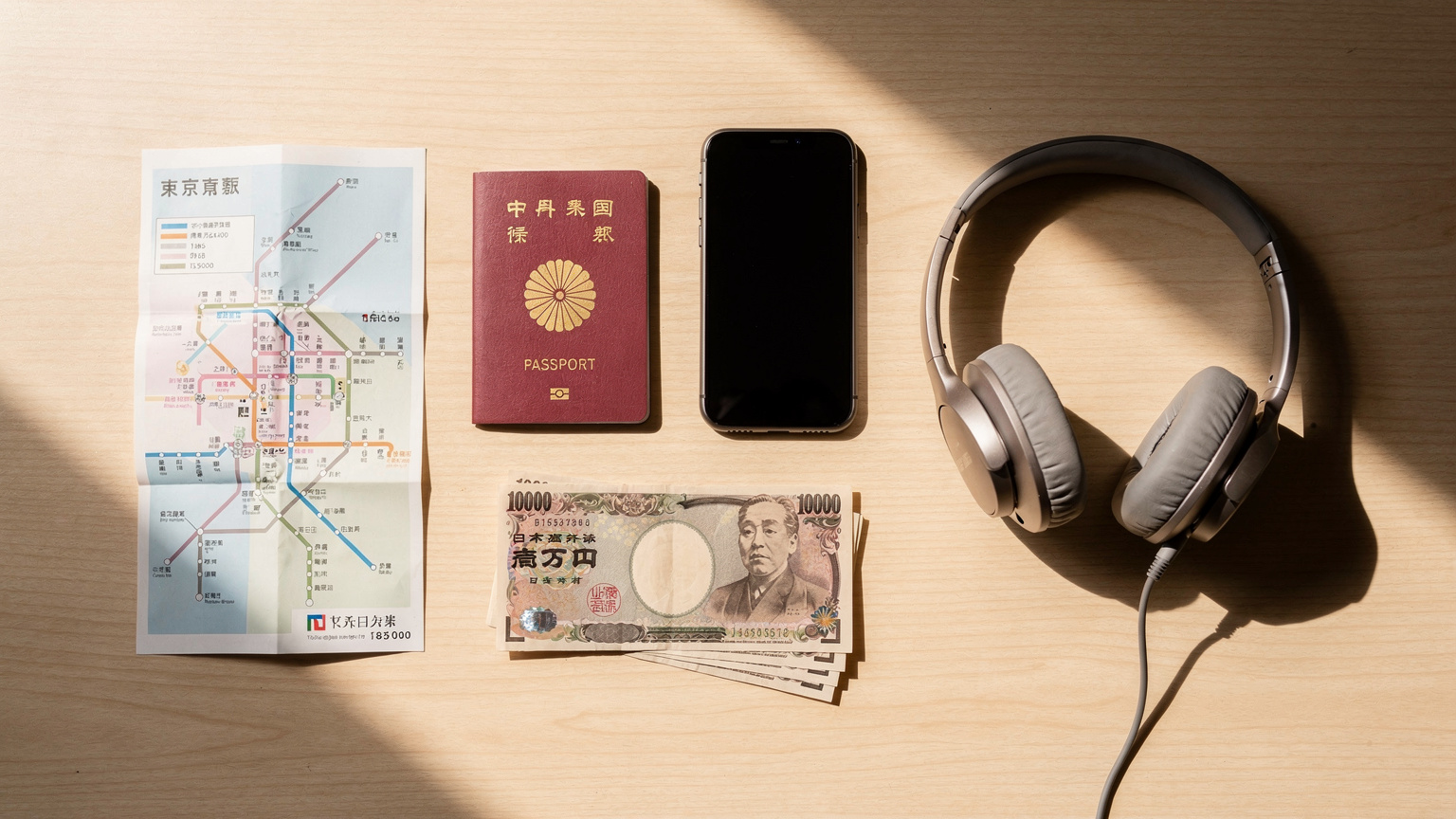 一张精美的旅行平铺照片,护照、手机、日本地铁线路图、日元现金和一副耳机整齐地摆放在木桌上,暗示着旅行前的周全准备。