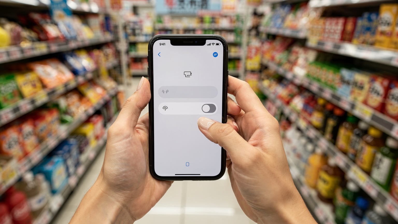 一只手正在使用iPhone手机,屏幕上显示着eSIM的安装界面,背景模糊地是日本便利店的货架,上面摆满了各种日式小吃和饮料。