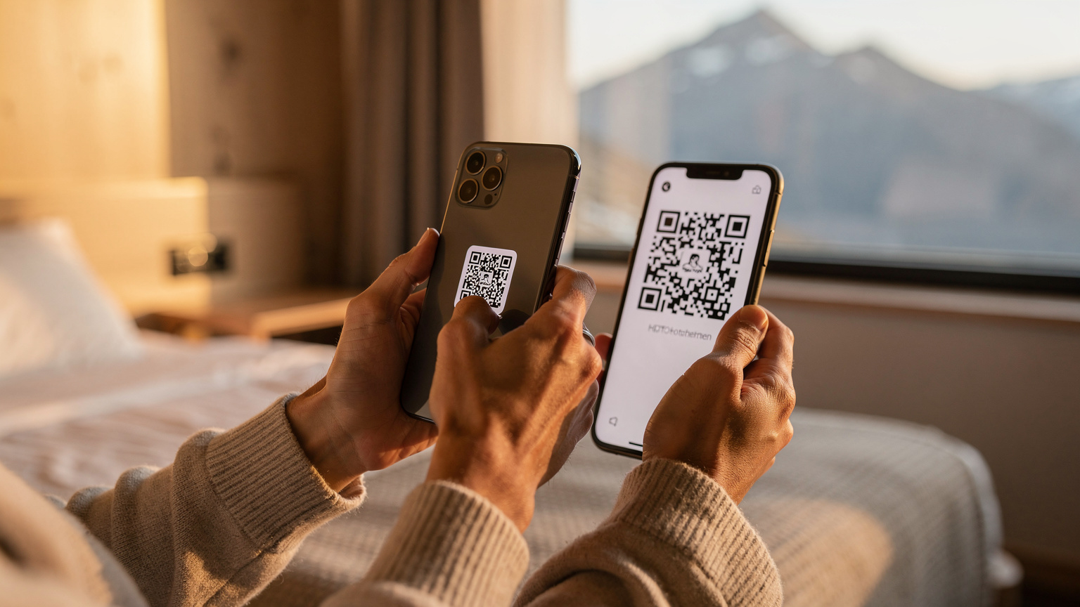 Nærbilde av hender som holder en smarttelefon, der en QR-kode for eSIM-aktivering skannes, med et bakteppe av et koselig hotellrom i forgrunnen og en fjellutsikt gjennom vinduet.