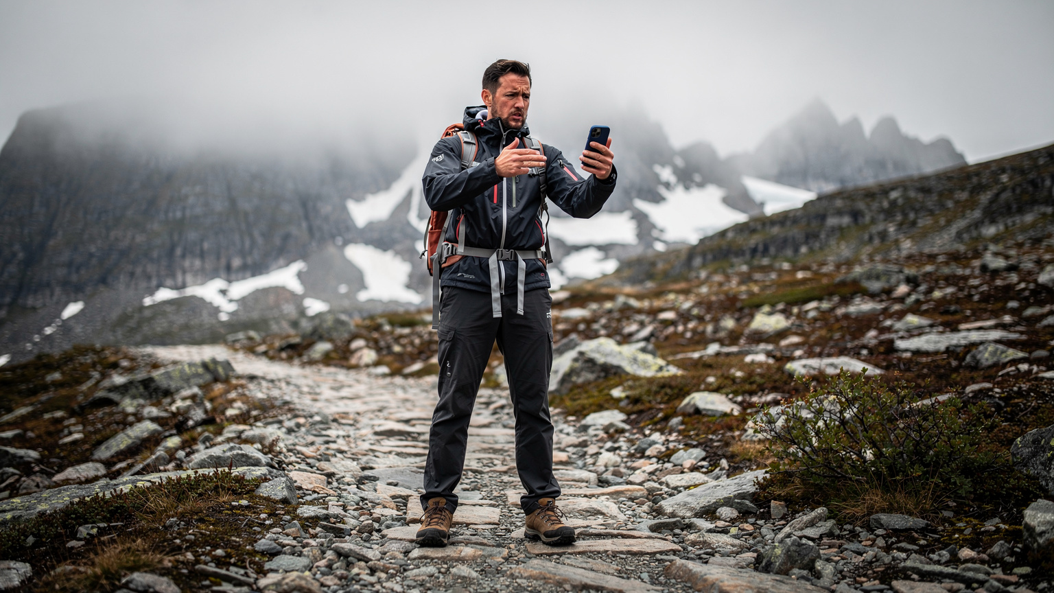 En ensom turgåer ser bekymret på sin smarttelefon i et tåkete fjellandskap i Jotunheimen, mens signalikonet viser lav eller ingen dekning, noe som understreker utfordringene med tilkobling i villmarken.