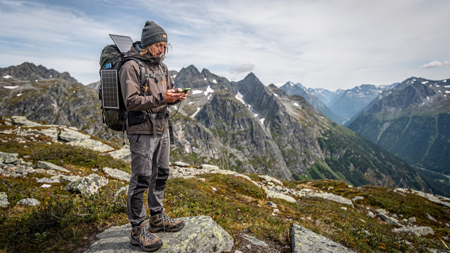 En turgåer sjekker kartet på sin telefon mens en solcellelader henger på ryggsekken, omgitt av en vidstrakt fjellutsikt.
