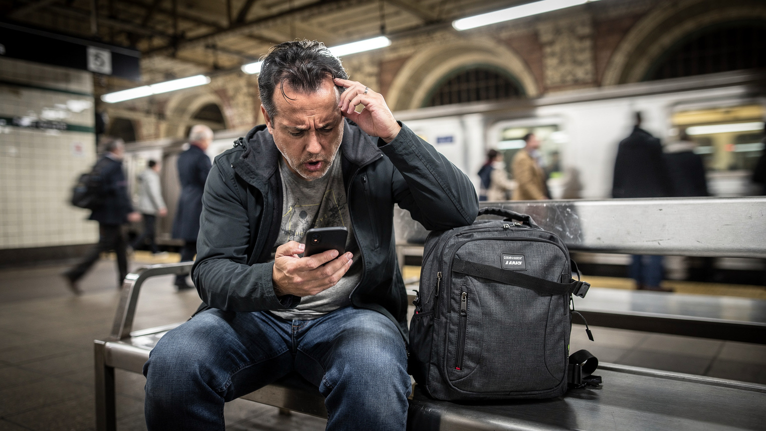 Un viaggiatore di mezza età con uno zaino guarda il suo smartphone con un'espressione confusa e frustrata, seduto su una panchina nella stazione della metropolitana di Grand Central, a New York City, con i treni che passano sullo sfondo.