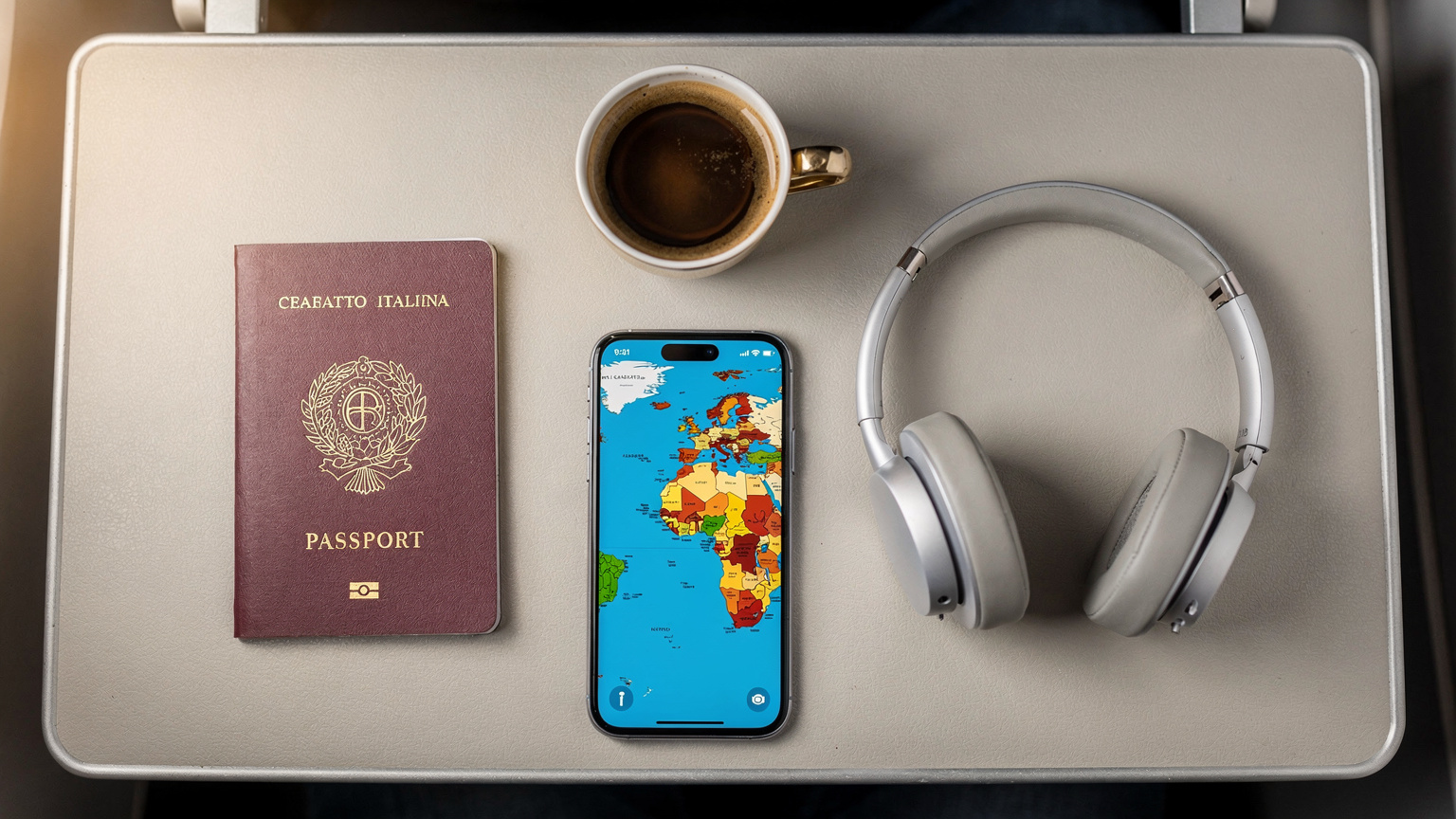 Una veduta dall'alto di un passaporto italiano, uno smartphone con una mappa del mondo sullo schermo, cuffie wireless e una tazza di caffè su un tavolino di un aereo, pronta per il decollo.