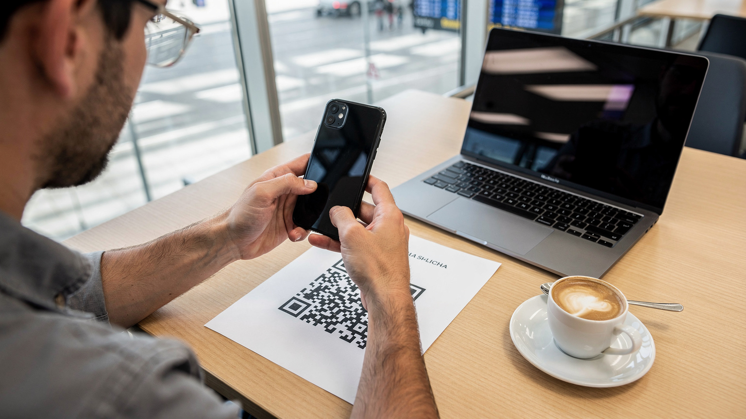 Un uomo scansiona un codice QR sul suo smartphone per attivare un'eSIM, seduto a un tavolo di un caffè all'interno dell'aeroporto di Milano Malpensa, con un laptop e un caffè macchiato davanti a lui.