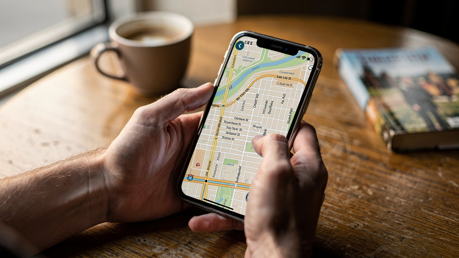 Un primo piano delle mani di una persona che tiene uno smartphone con una mappa di Seattle aperta, mentre una tazza di caffè e una guida di viaggio sono sfocate sullo sfondo in un caffè accogliente.