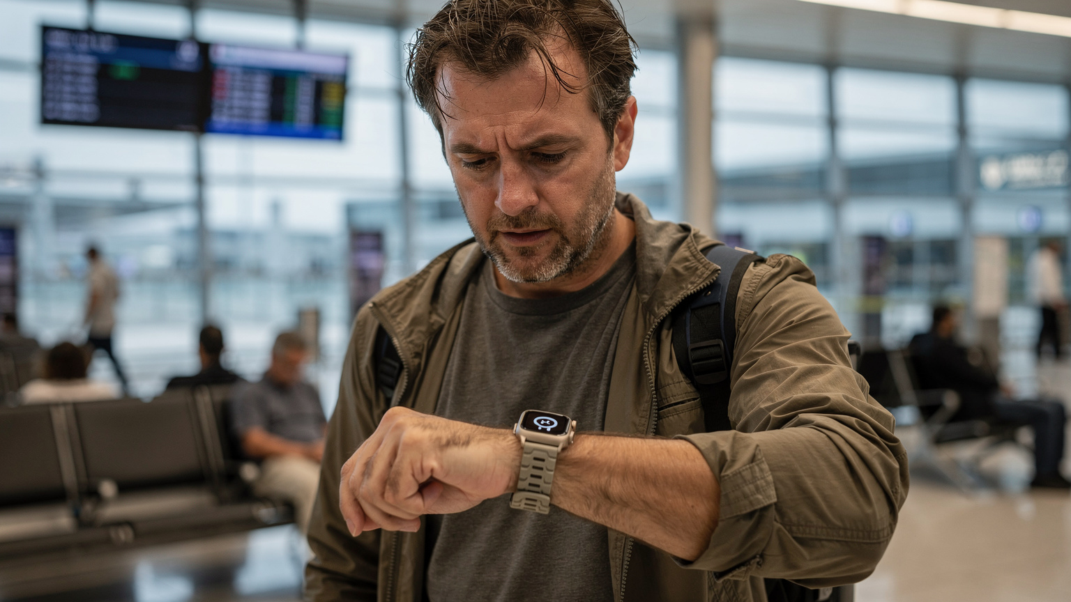 Ein Reisender, der an einem Flughafen-Gate in Dubai wartet, blickt besorgt auf seine Apple Watch Ultra 2, die keine Verbindung anzeigt, während er versucht, eine wichtige Nachricht zu senden.