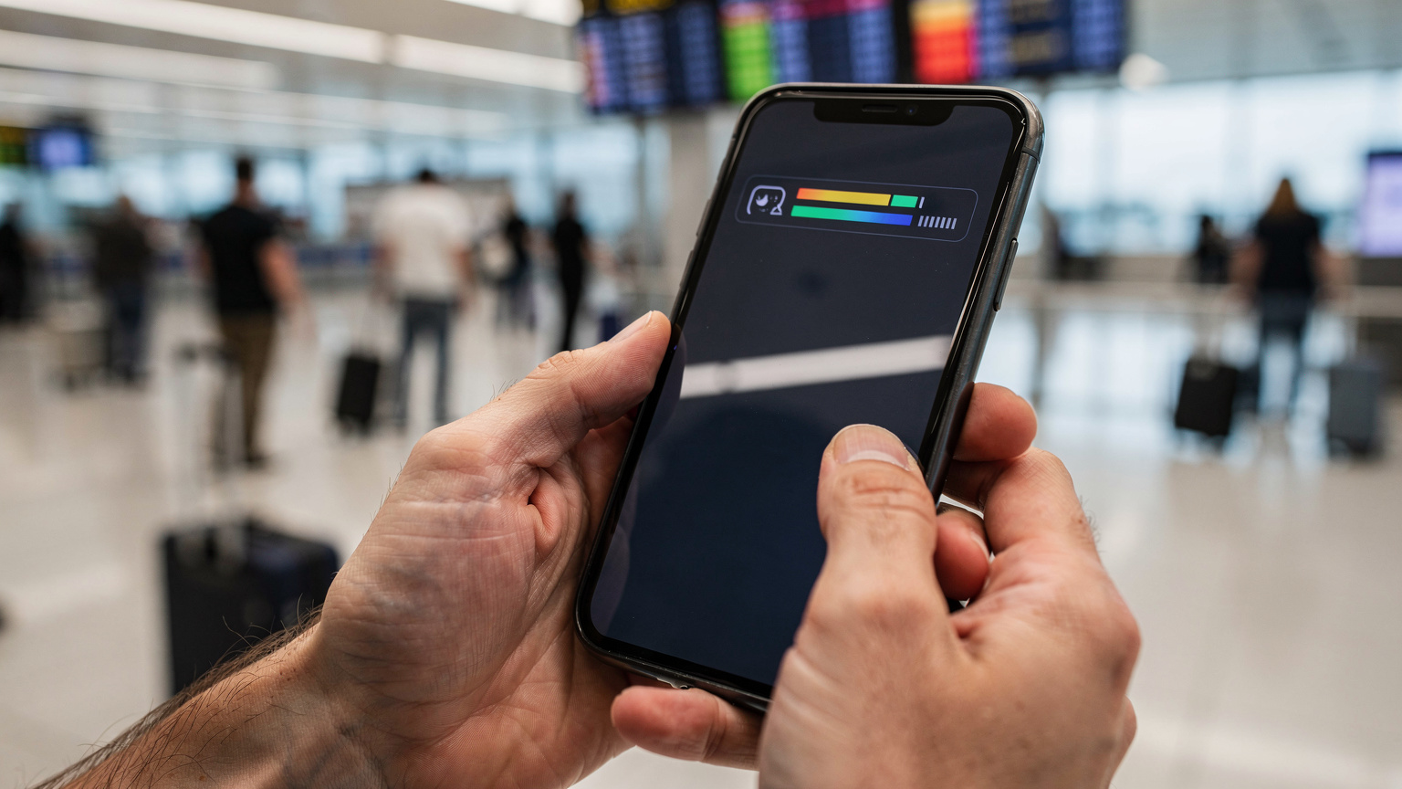 A close-up shot of a smartphone displaying a low data warning, held by a traveler at a bustling international airport gate, with other passengers and flight information boards blurred in the background.