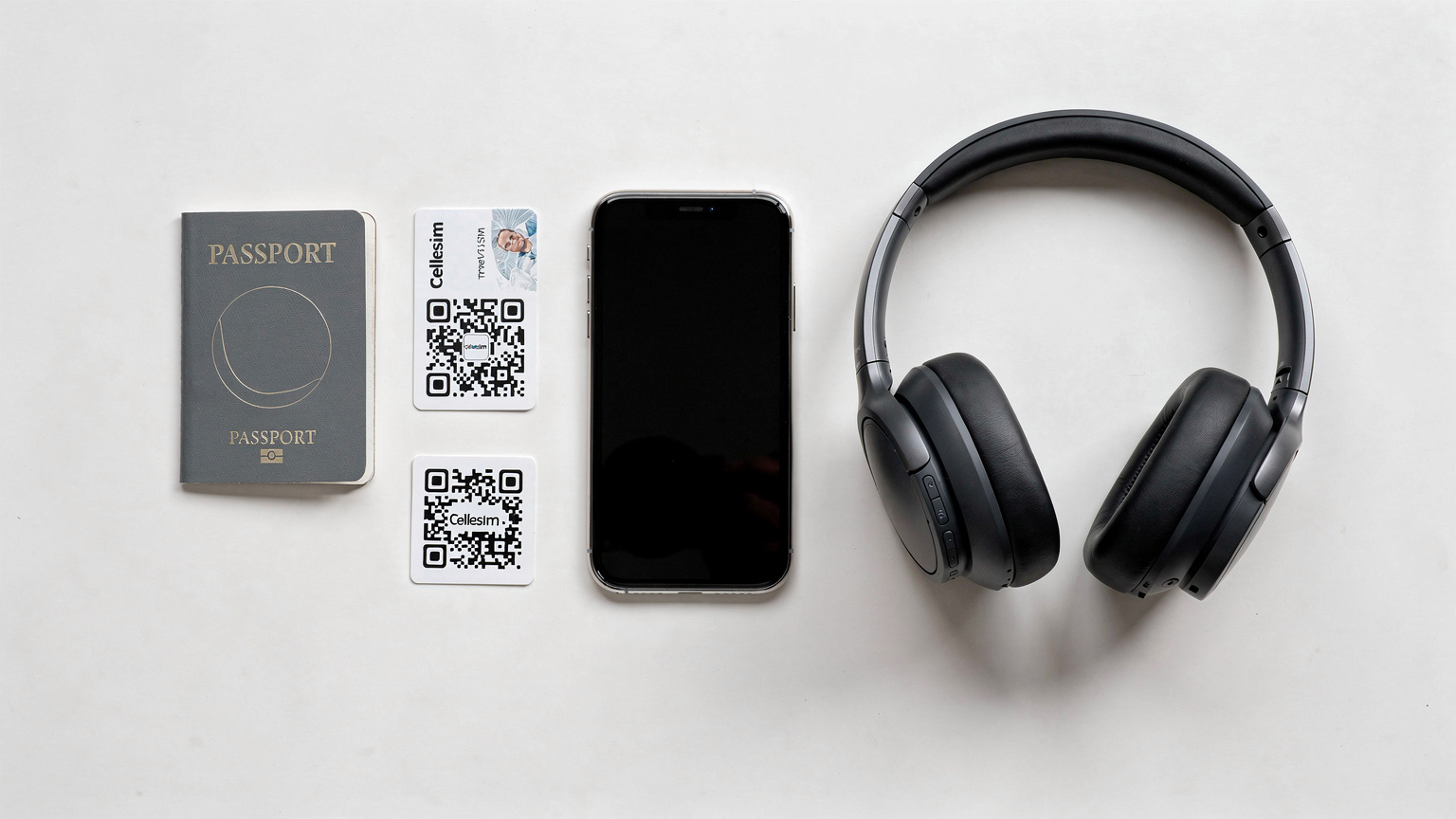 An overhead flat-lay shot featuring a passport, a travel eSIM QR card, a smartphone, and a pair of noise-canceling headphones, neatly arranged on a minimalist white table, symbolizing prepared travel.